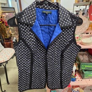 FOR CYNTHIA Petite Black White Polka Dot Quilted Vest Reversible Blue Collar